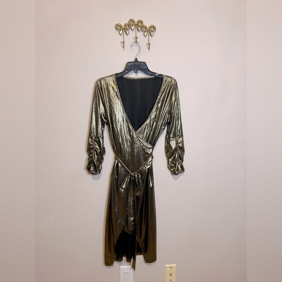 SHEIN Dresses & Skirts - SHEIN Metallic Gold Liquid Lame Midi Wrap Dress with Long Sleeves. Size L